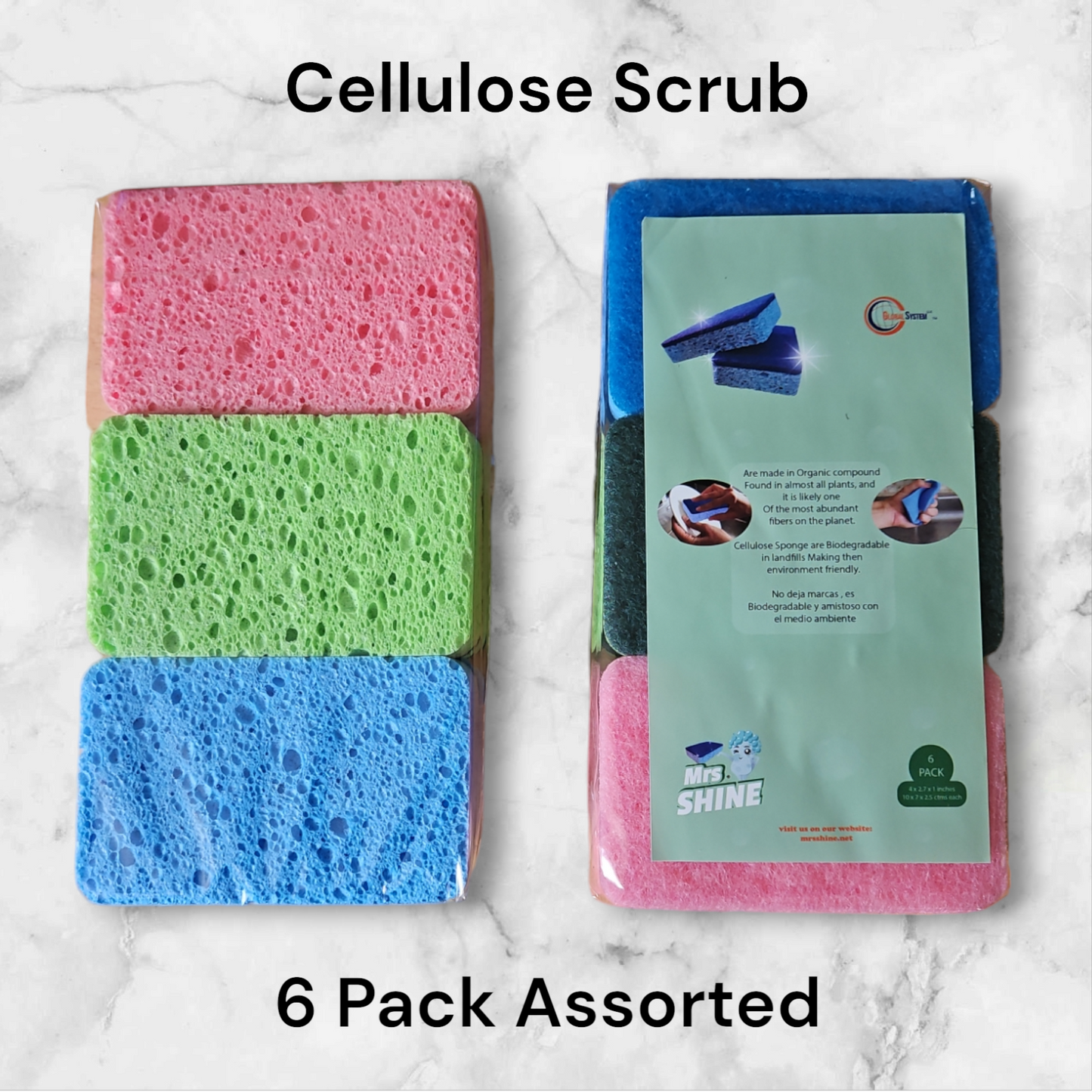 Mrs. Shine Non-Scratch Cellulose Scrub Sponge 6 Assorted, Dual Side, Kitchen Cleaning Pad, Bath Brush Scrubbing , Esponja Limpiadora